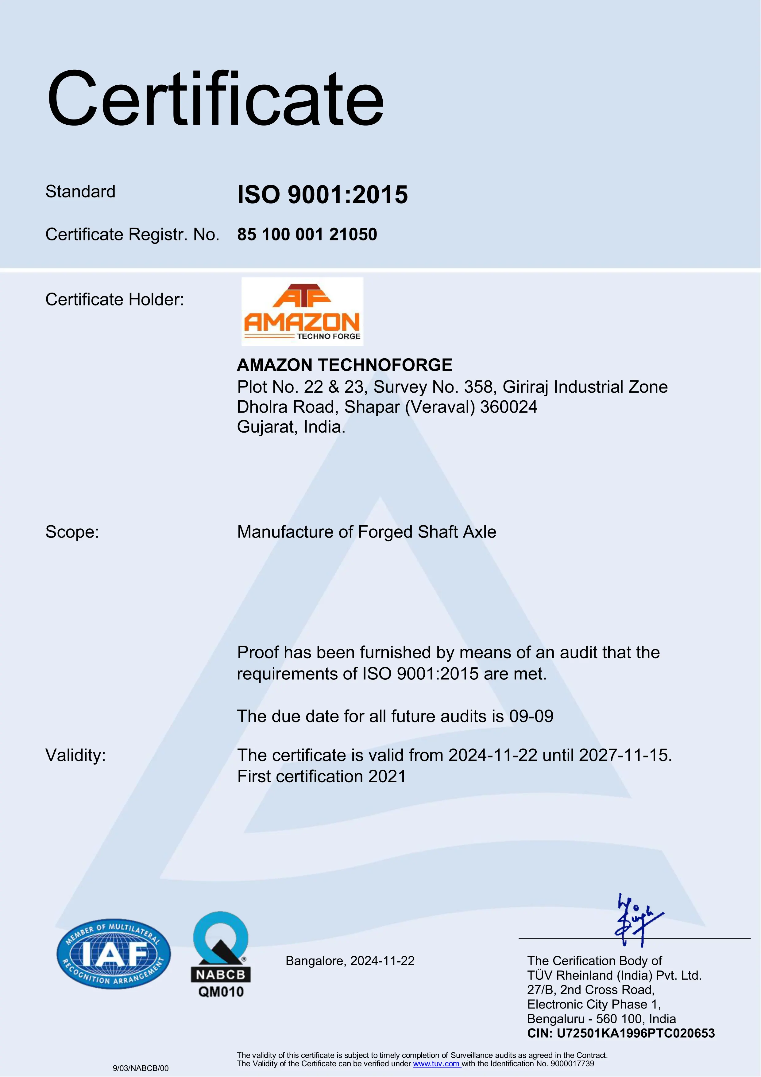 Amazon Technoforge ISO Certificate